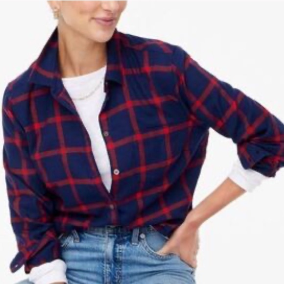 J. Crew Navy/Red Windowpane Flannel Boy Shirt in Classic Fit - Picture 1 of 2